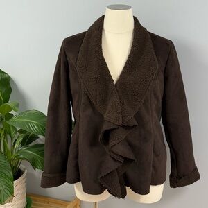 NWT Penny Lane Chocolate Brown Faux Suede Sherpa Coat 1X Gianetti Ruffle Y2K